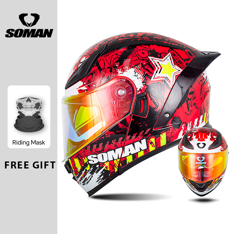 Dual Visor Motorcycle Racing Helmet - SOMAN Modular Helmet Flip Full Face